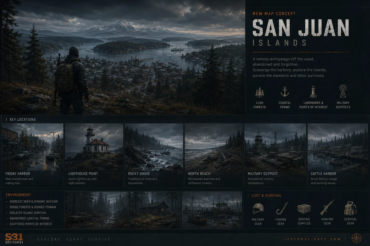 San Juan Islands concept art — a survivor overlooking an abandoned island harbor, with key locations
