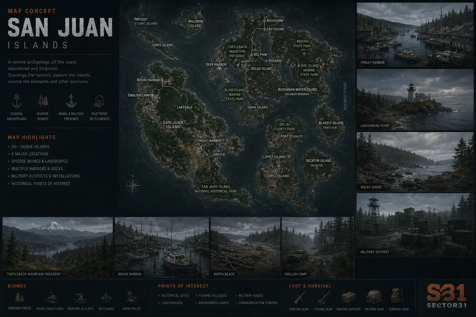 San Juan Islands concept map showing 20+ islands and major locations