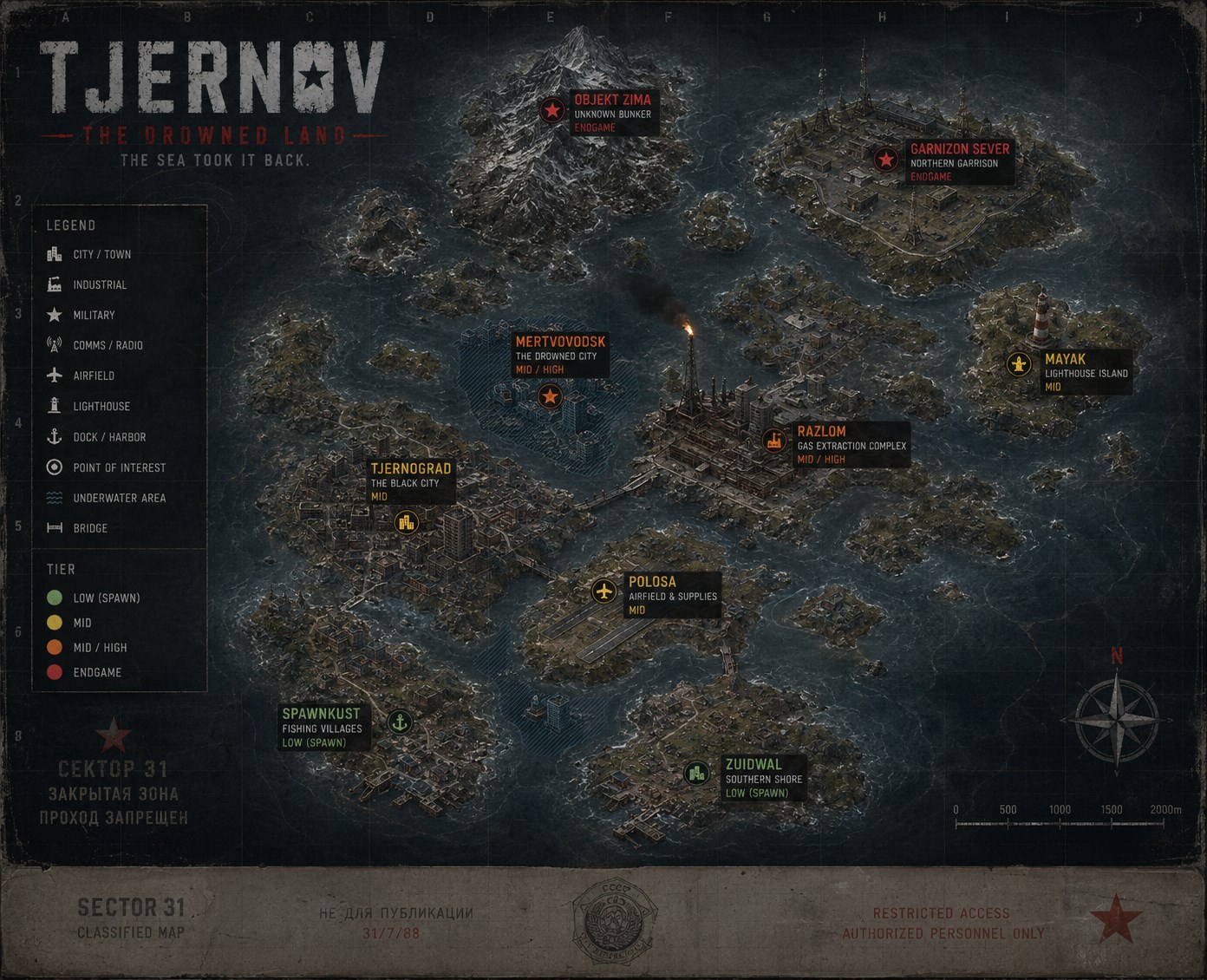 Classified-style concept map of Tjernov showing the archipelago, the nine key locations, the tier legend and a scale bar.