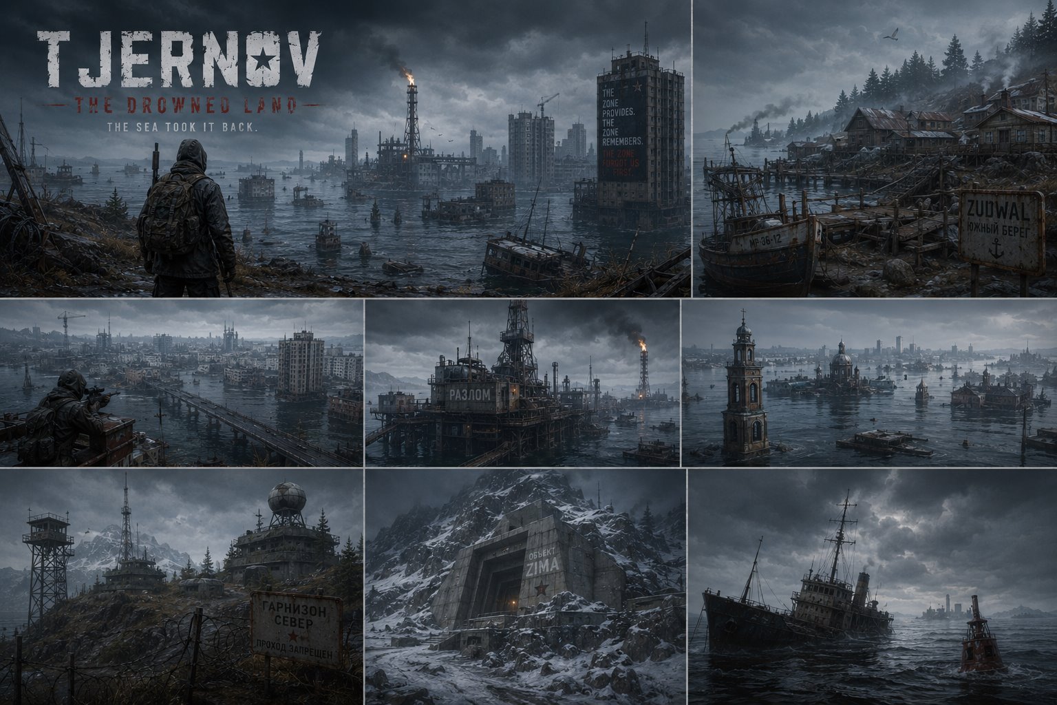 Concept scenes from Tjernov: the drowned city, the Razlom gas works, Garnizon Sever, Objekt Zima and the southern fishing coast.